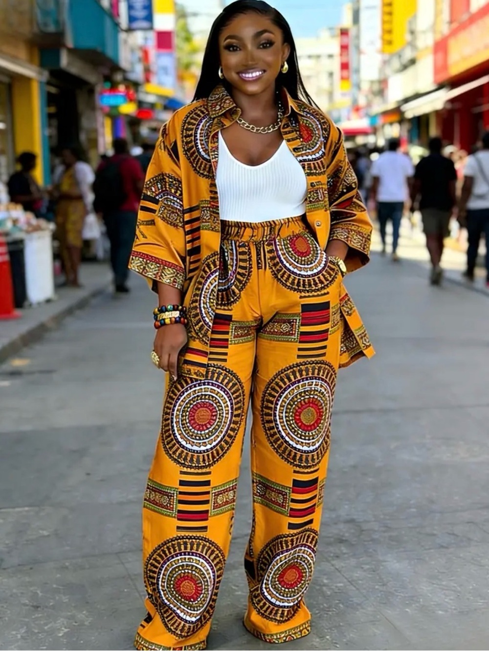 African Print Wide-Leg Pants Set - Yellow